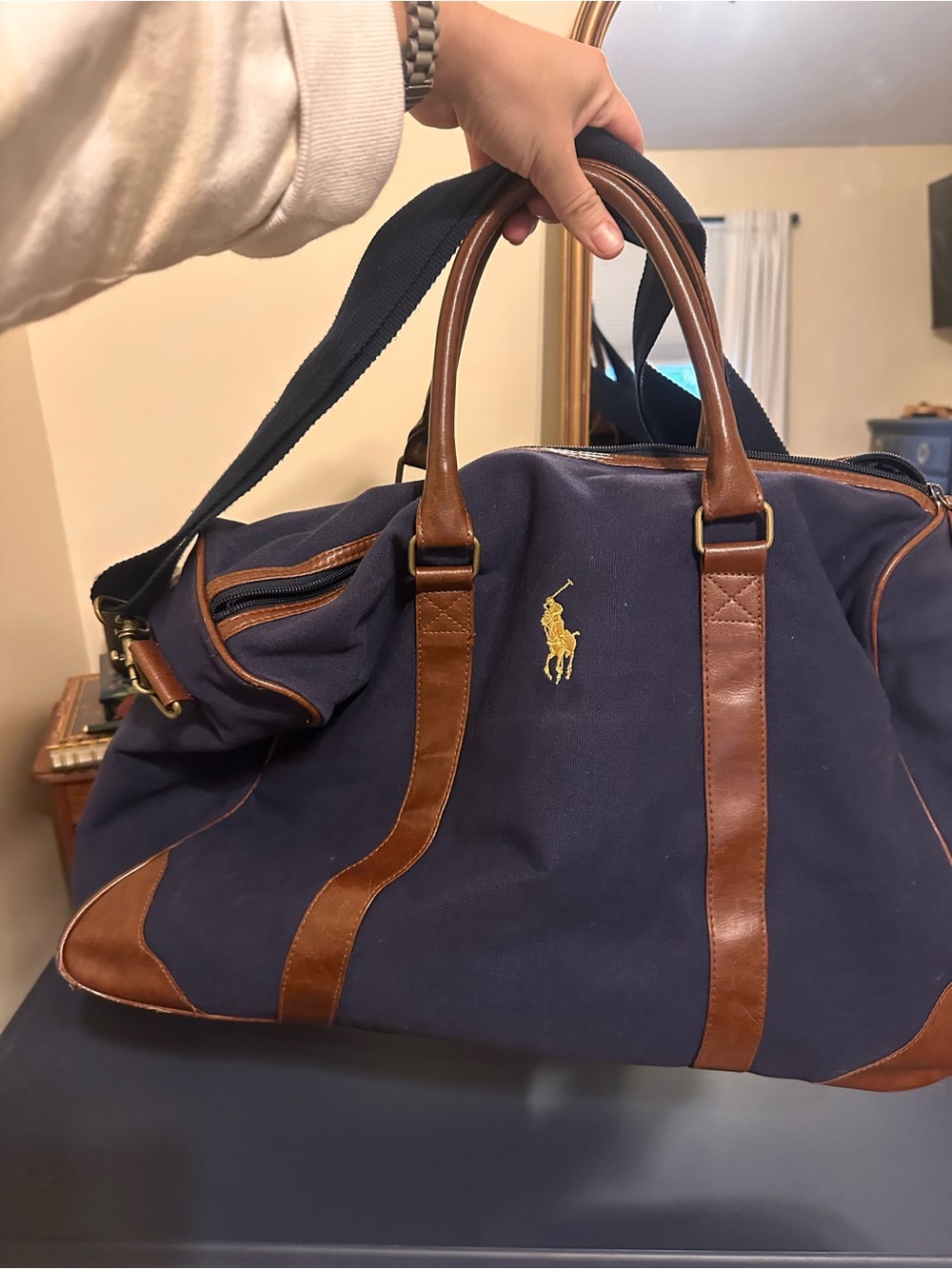 Ralph Lauren Navy Canvas Duffel with Brown Leather Trim & Gold Pony